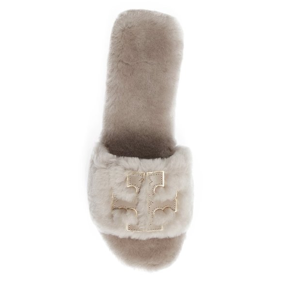 NIB Tory Burch Double T Shearling Slide Sandal GRAY HERON 6.5 7 7.5 8 AUTHENTIC - Picture 2 of 16